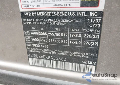 2008 Mercedes-Benz Ml 350 4Matic z USA, uszkodzony, nr VIN 4JGBB86EX8A358602